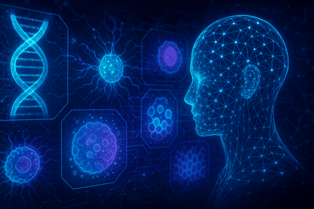 Futuristic digital visualization of machine learning analyzing DNA strands, cells, and neural networks, symbolizing the rise of AI in medical research.