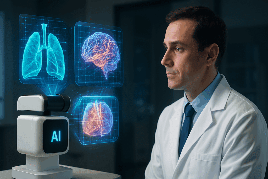 Futuristic digital visualization of machine learning analyzing DNA strands, cells, and neural networks, symbolizing the rise of AI in medical research.