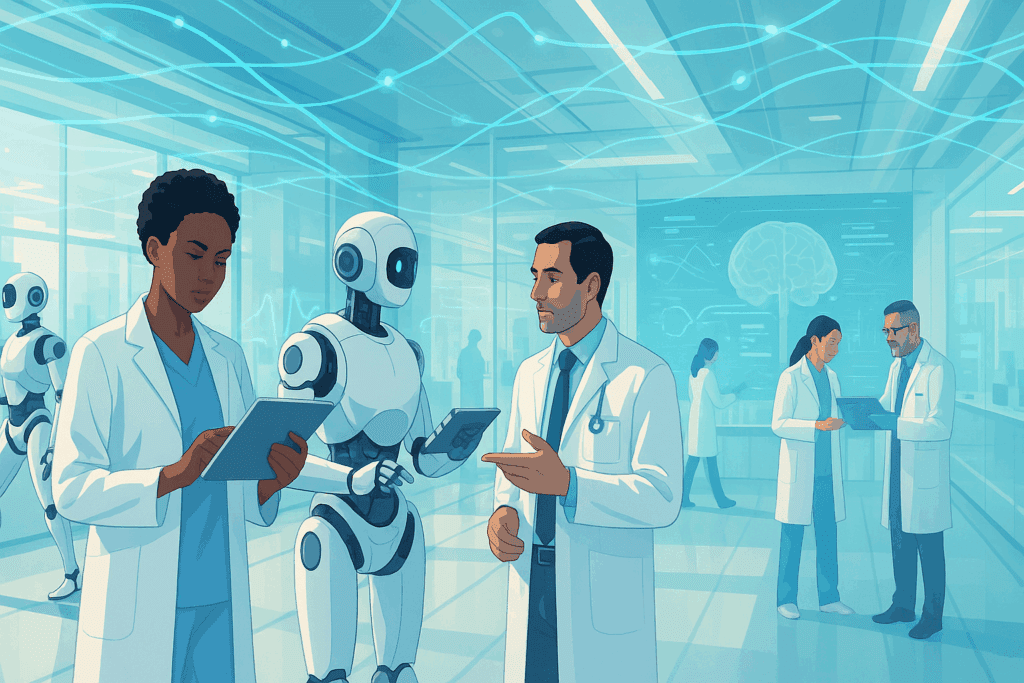 Futuristic medical facility with doctors, robots, and digital data flows collaborating seamlessly, symbolizing the rise of AI in healthcare.