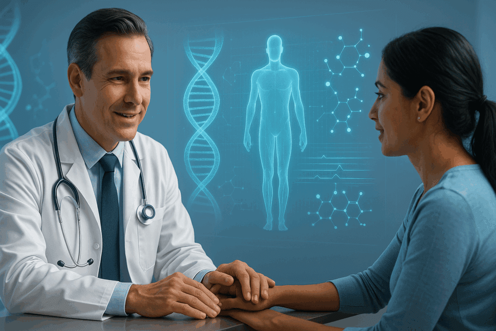 Doctor consulting patient while digital hologram displays genetic analysis, illustrating the rise of AI in personalized medicine.