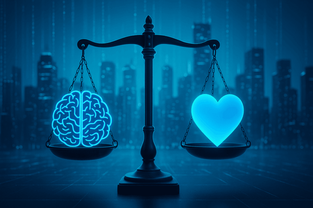 Balance scale with a brain and heart symbolizing the rise of AI and ethics against a futuristic digital city backdrop.