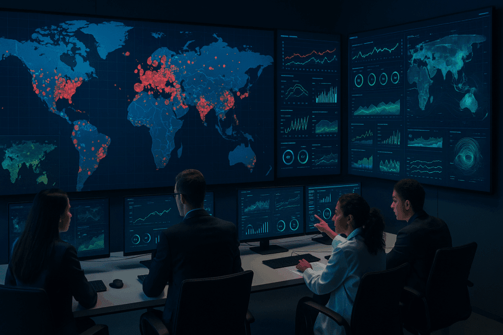 Global health researchers monitor outbreak data and predictive analytics on a digital dashboard, showcasing the rise of AI in real-time public health management.