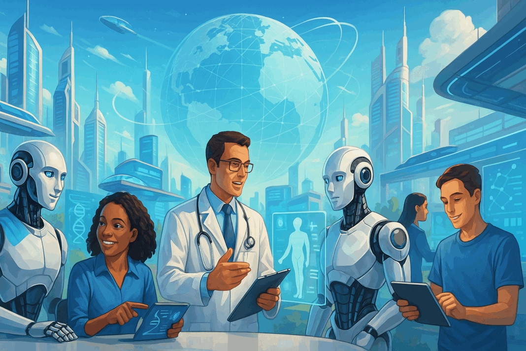 Futuristic cityscape showing humans and AI-powered robots collaborating in fields like medical research, education, and innovation, illustrating the best articles on artificial intelligence.