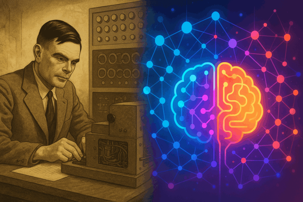 Split-scene artwork showing Alan Turing working on an early computer and modern neural networks evolving, symbolizing the evolution covered in the best articles on artificial intelligence.
