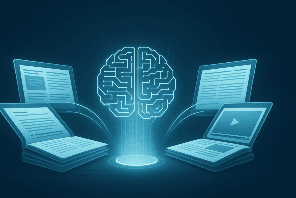 Futuristic digital illustration of the best articles on artificial intelligence and media streams flowing into a glowing AI brain, symbolizing knowledge integration.