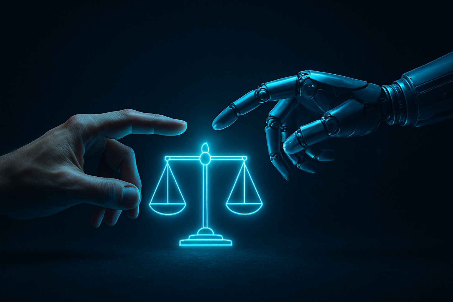 Human hand reaching toward a robotic hand above a glowing digital balance scale, symbolizing ethical harmony in technology, illustrating best articles on artificial intelligence.