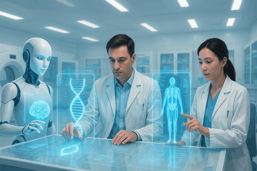 Futuristic medical lab with doctors and AI analyzing DNA strands and patient scans using holograms, illustrating the best articles on artificial intelligence.