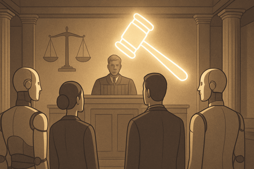 AI entities and human figures standing together in a neoclassical courtroom under a glowing gavel of light, symbolizing ethical debates and governance, concept for best articles on artificial intelligence.