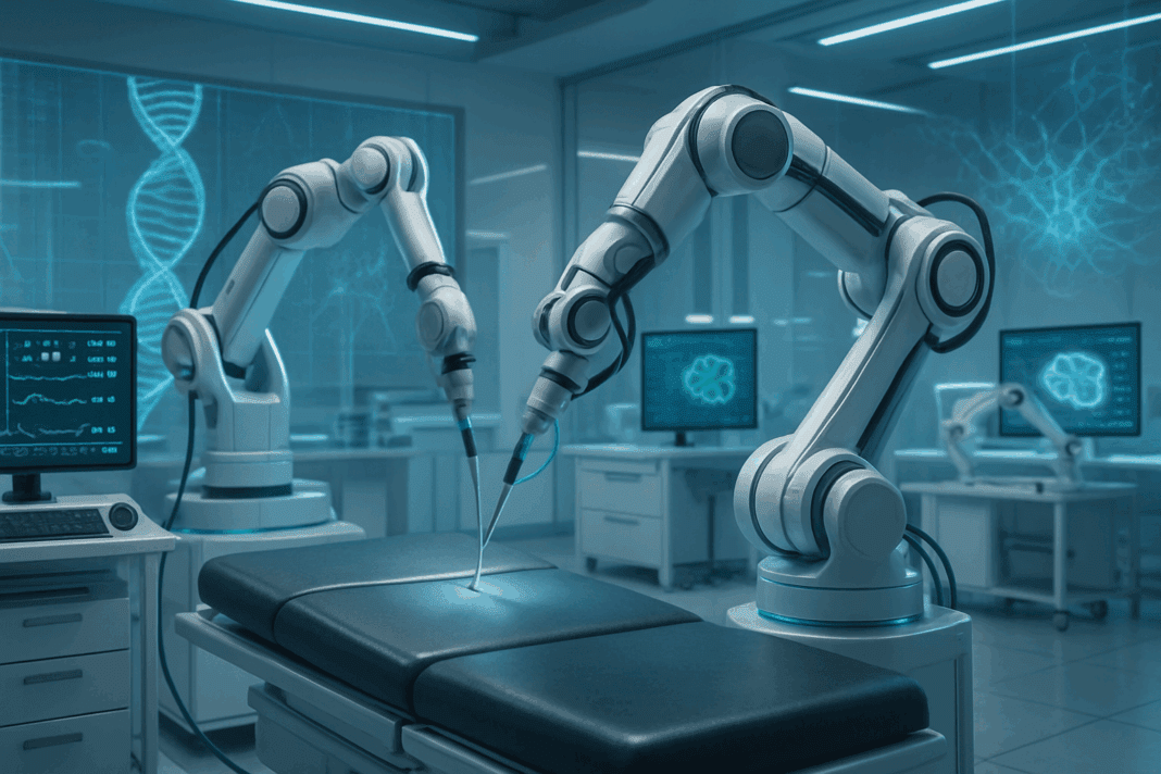 Robotic arms in a futuristic laboratory performing delicate surgery with holographic DNA strands, symbolizing Breakthrough Medical Research Discoveries.