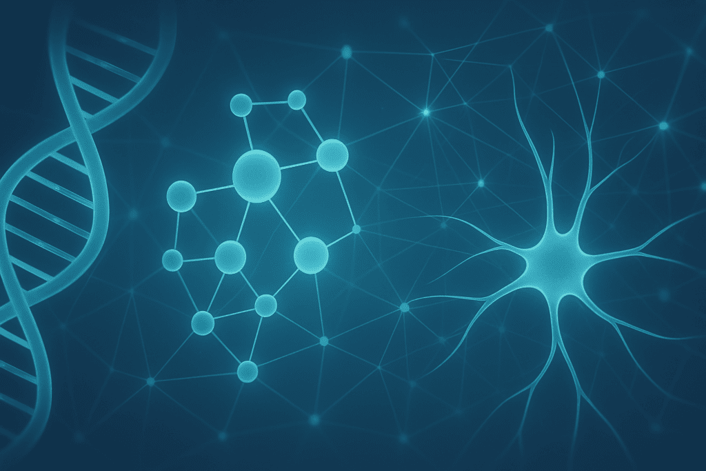 Visualization of DNA helix, molecular structures, and neural networks symbolizing Breakthrough Medical Research Discoveries across biology and neuroscience.