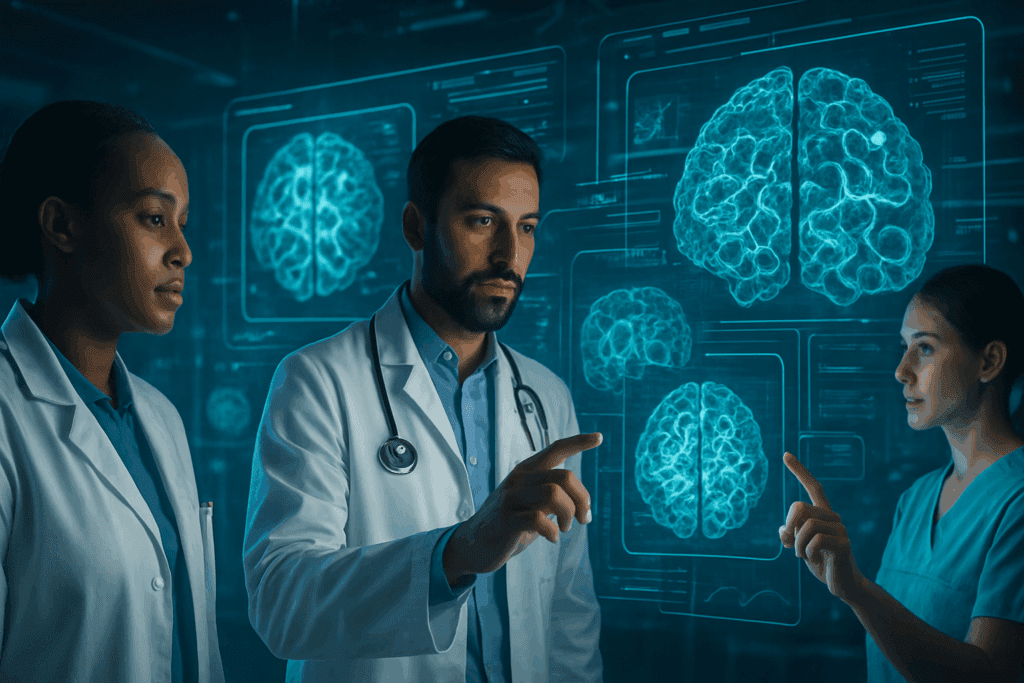 Medical professionals analyzing holographic AI interfaces for disease detection in a lab, highlighting Breakthrough Medical Research Discoveries.