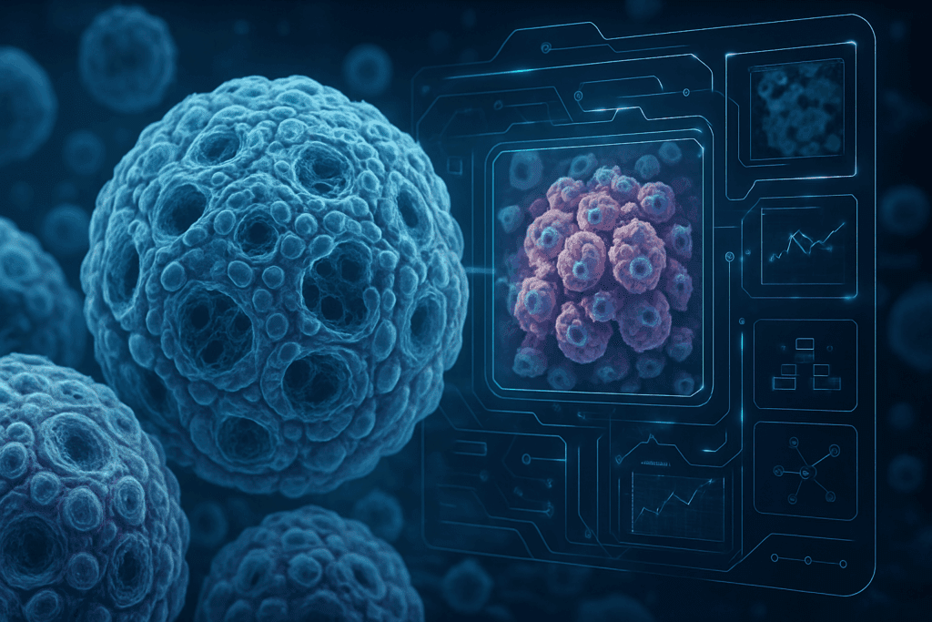 Microscopic view of cancer cells being digitally analyzed by AI technology, illustrating Breakthrough Medical Research Discoveries in precision medicine.