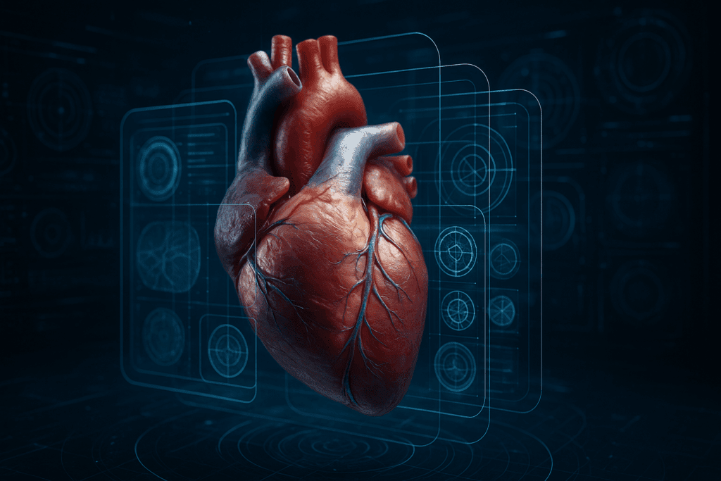 Breakthrough Medical Research Discoveries visualized by a hyper-realistic human heart surrounded by futuristic AI diagnostic holograms.