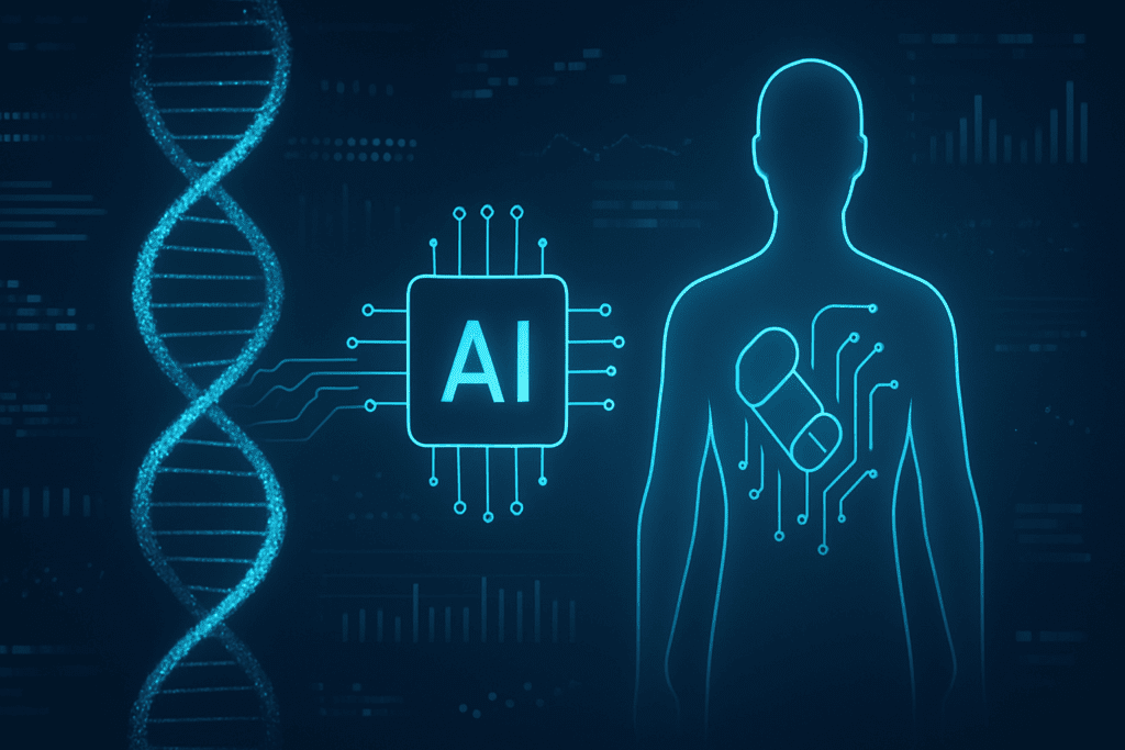 Breakthrough Medical Research Discoveries visualized through AI-driven analysis of DNA strands transforming into personalized digital healthcare pathways.