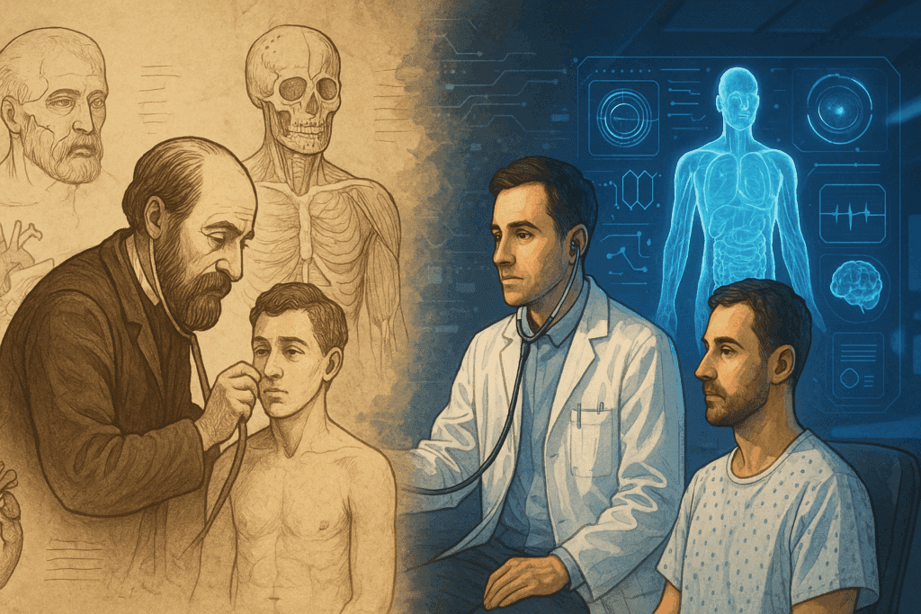 Timeline illustrating the evolution of AI diagnosis in healthcare, from a historical physician using basic tools to a modern doctor with holographic diagnostics.