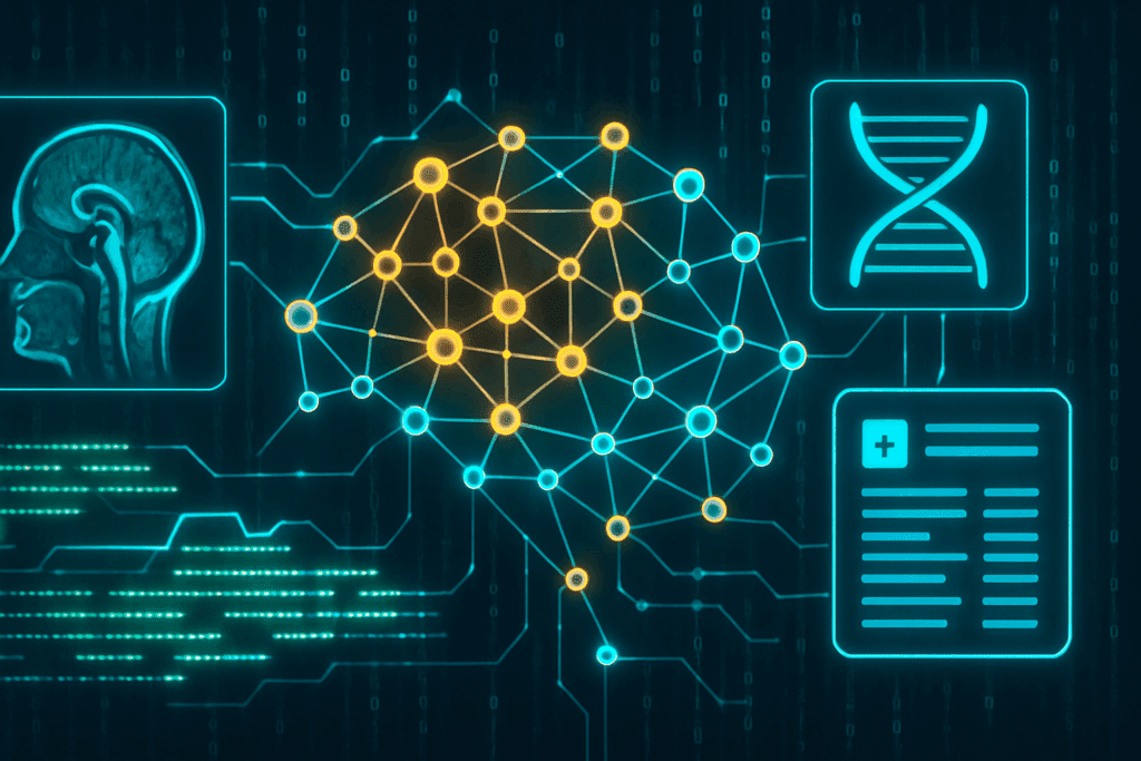 Neural network visualizing AI diagnosis in healthcare by analyzing CT scans, DNA sequences, and electronic health records on a glowing matrix background.