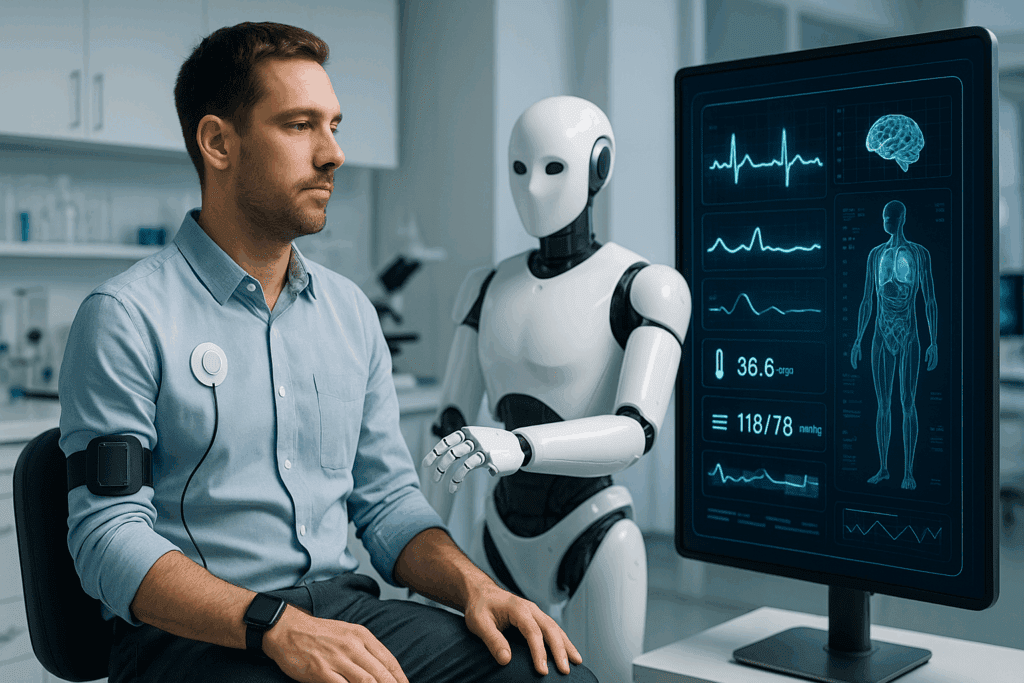 Man undergoing AI diagnosis in healthcare as wearable sensors monitor vital signs, assisted by humanoid robot and predictive diagnostics screen.