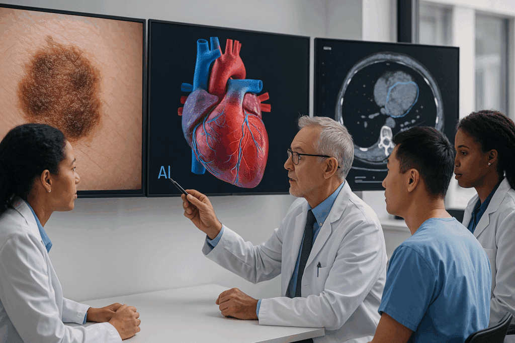Medical team collaborating on AI diagnosis in healthcare, reviewing dermatology skin imaging, cardiology heart scans, and oncology tumor detection on digital displays.