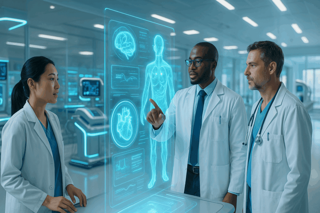 Doctor examining a futuristic tablet displaying DNA data and patient health records, showing how artificial intelligence helps physicians personalize treatments.