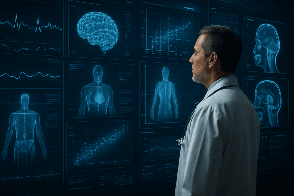 Physician analyzing diagnostic scans and medical charts on a digital screen, illustrating how artificial intelligence helps physicians improve healthcare decisions
