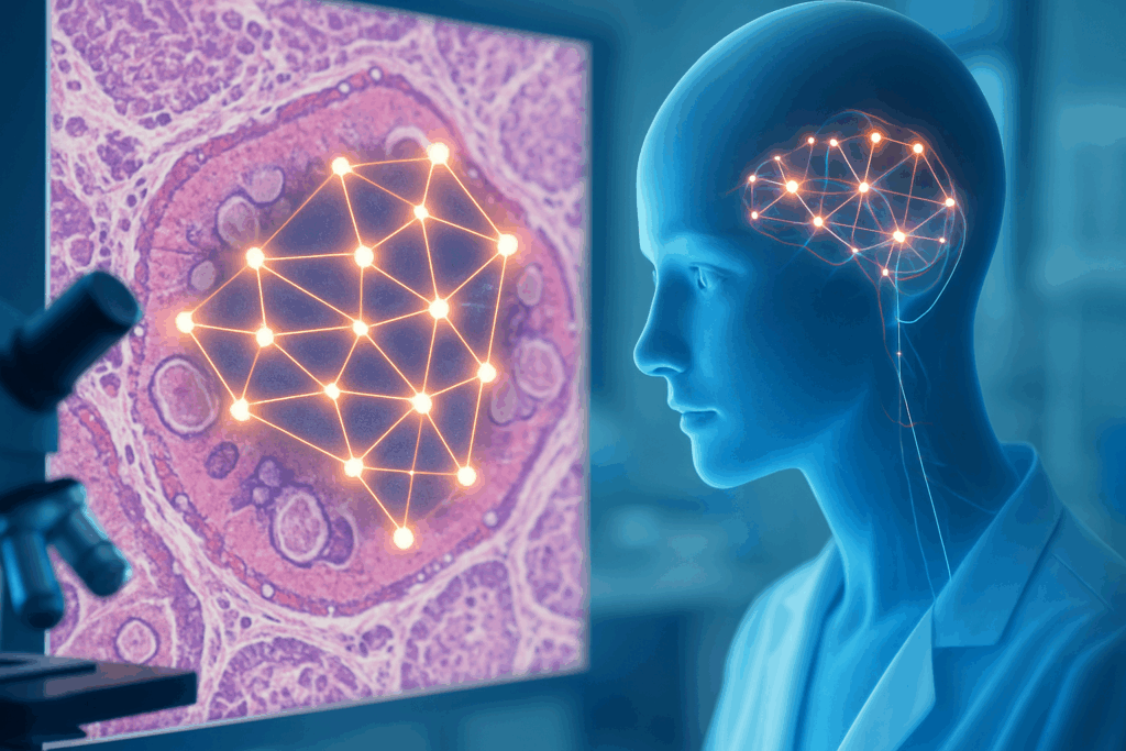 AI analyzing human tissue through a microscope with a neural network overlay, showing how artificial intelligence helps physicians detect diseases early