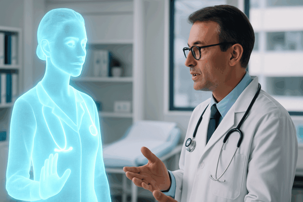 Physician consulting with a semi-transparent holographic assistant, illustrating how artificial intelligence helps physicians.