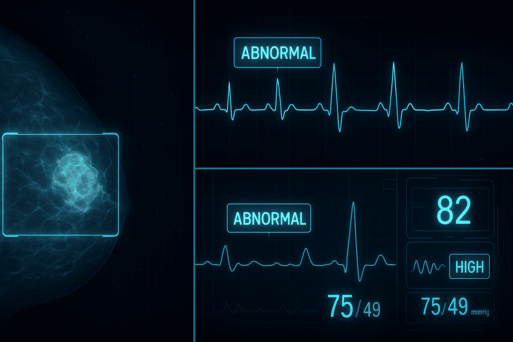 Artificial intelligence helps physicians detect breast cancer, analyze ECG abnormalities, and monitor ICU vitals in a hospital setting