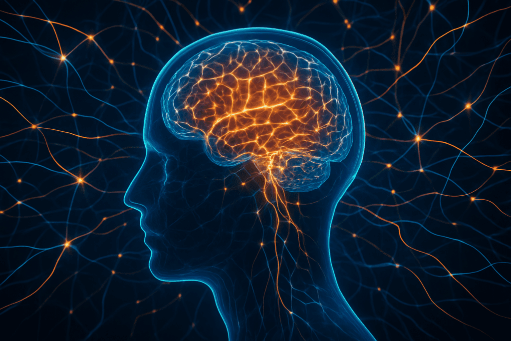 Conceptual illustration showing how artificial intelligence helps physicians by visualizing neural networks and a glowing brain inside a transparent human head