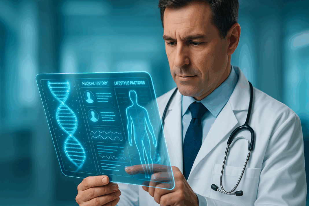 Physicians in a futuristic hospital using holographic diagnostic tools, demonstrating how artificial intelligence helps physicians collaborate on patient care.