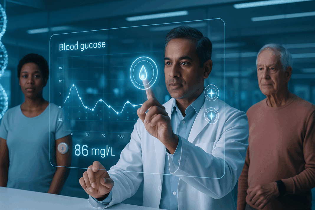 Doctor analyzing glucose levels on a transparent screen in a high-tech lab, symbolizing breakthroughs in diabetes testing.