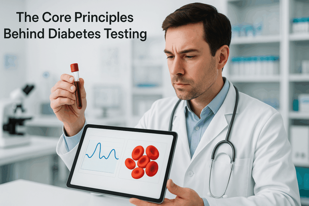 Physician analyzing blood sample and digital glucose data in a lab, illustrating breakthroughs in diabetes testing.