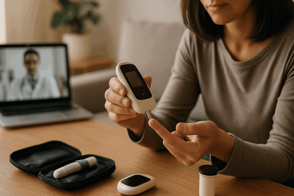 Person using a home glucose monitor during telemedicine call, illustrating breakthroughs in diabetes testing.