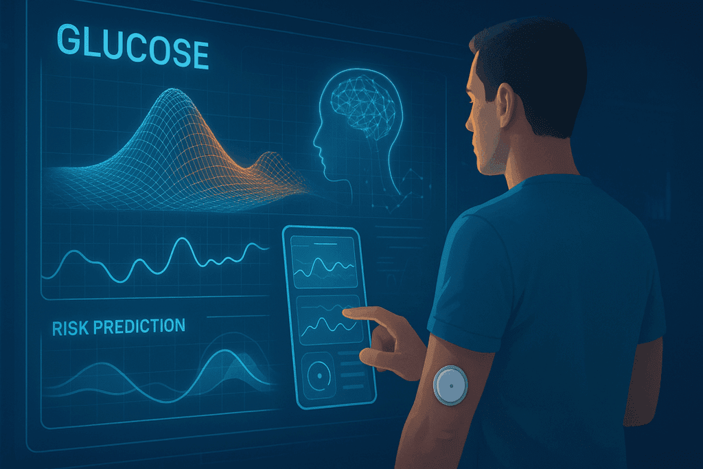 Patient using AI-powered app with wearable glucose monitor and 3D data visualizations, symbolizing breakthroughs in diabetes testing.