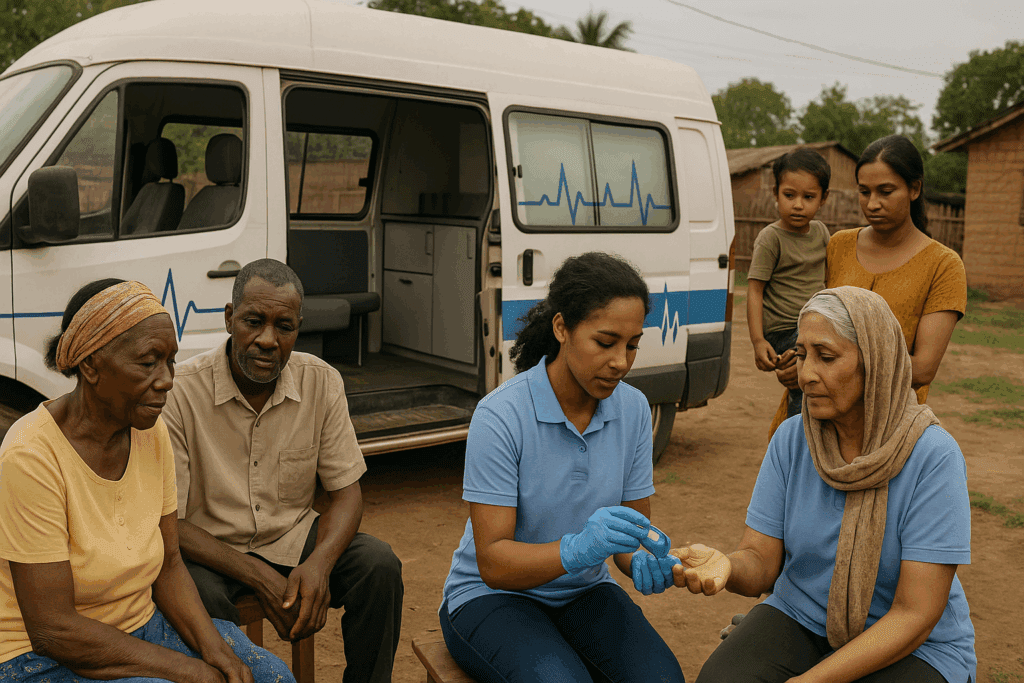 Community health worker conducting glucose test in rural mobile clinic, highlighting breakthroughs in diabetes testing