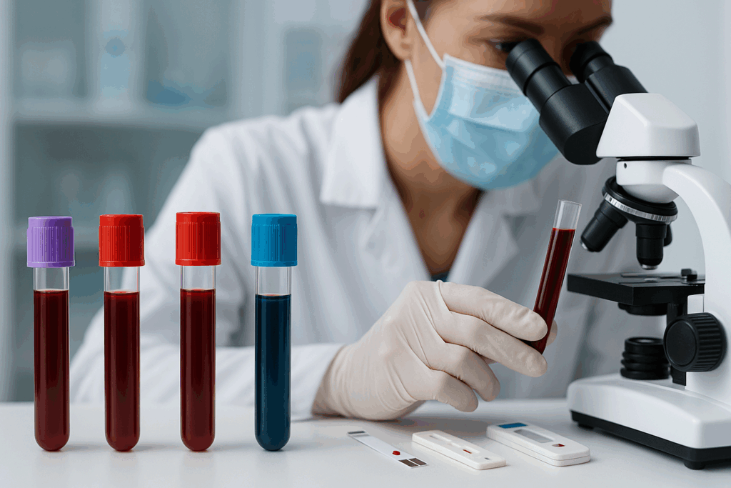 Lab technician analyzing blood samples and glucose test strips representing breakthroughs in diabetes testing with diverse biomarkers.