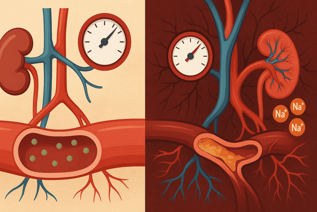 Split-screen medical illustration showing how aspirin can affect blood vessels, highlighting if can aspirin raise blood pressure.