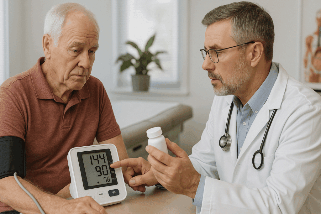 Doctor evaluating elderly man's blood pressure reading while holding aspirin bottle, illustrating concern over the question: can aspirin raise blood pressure