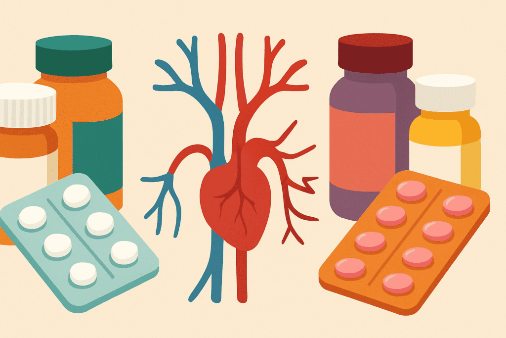 Can aspirin raise blood pressure when combined with other medications shown as overlapping pill bottles and a split vascular system reacting differently.