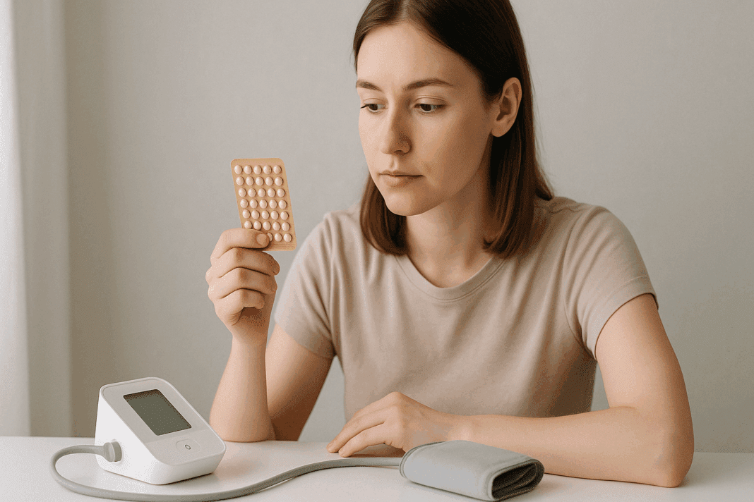 Young woman holding birth control pills while looking at a digital blood pressure monitor, suggesting the question: can birth control cause high blood pressure.