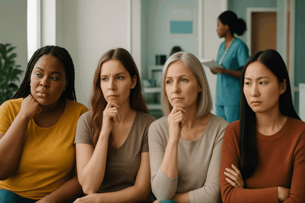 Women of diverse ages and body types in a clinic waiting room, reflecting on health concerns related to birth control; highlights the question: can birth control cause high blood pressure