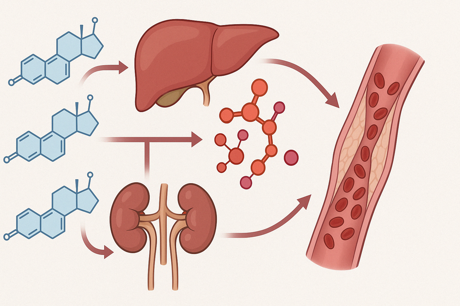 Scientific diagram showing hormone pathways and narrowed blood vessels to illustrate how estrogen affects the renin-angiotensin system, addressing the question: Can birth control cause high blood pressure