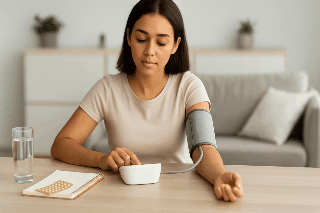 Young woman checks blood pressure at home with digital cuff beside birth control pills and health journal, illustrating the question: can birth control cause high blood pressure.