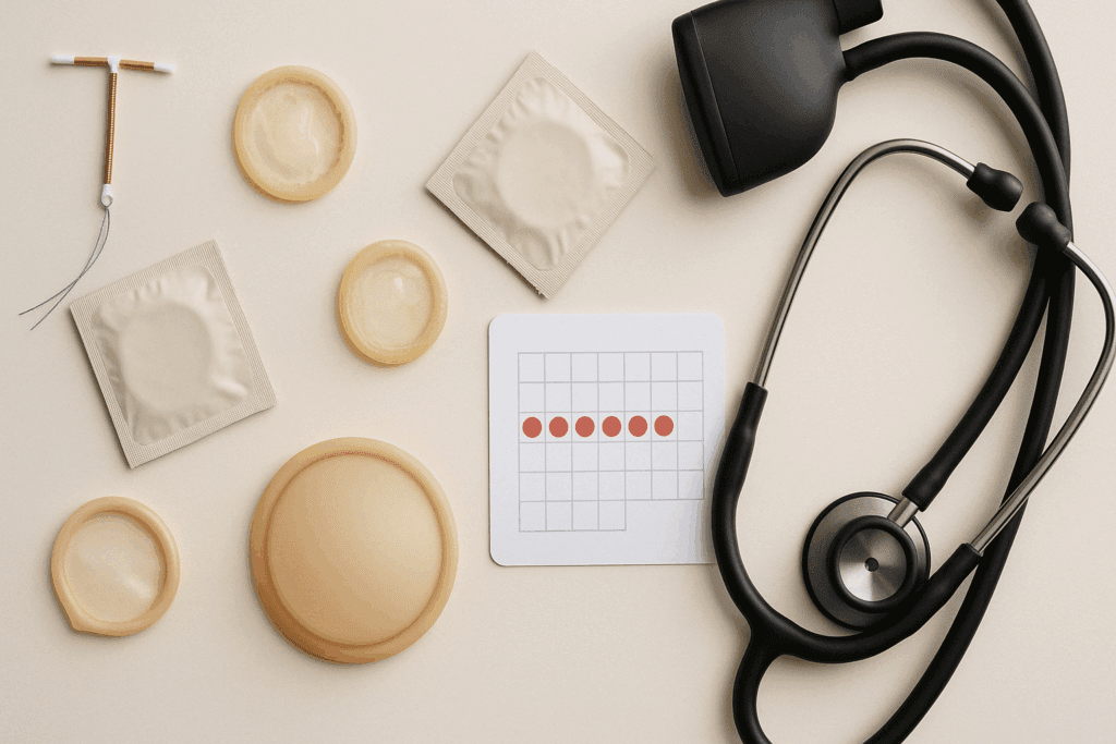Non-hormonal birth control methods like condoms, copper IUD, diaphragm, and fertility calendar beside stethoscope, referencing Can birth control cause high blood pressure concerns.