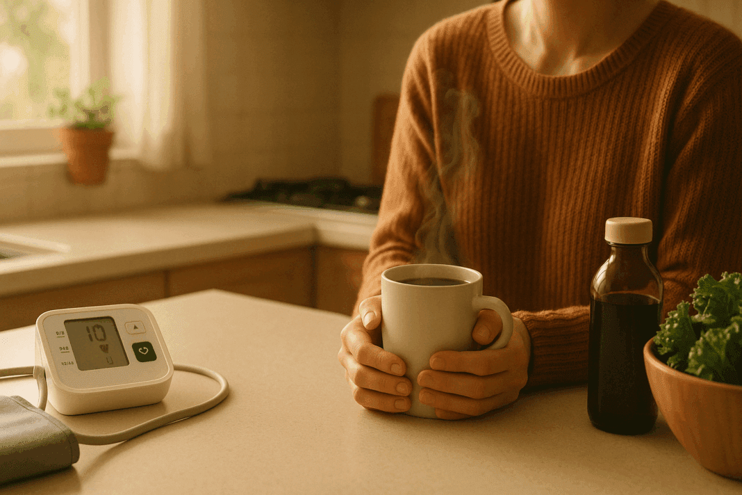 Person holding a steaming mug of decaf coffee in a sunlit kitchen with leafy greens and a blood pressure monitor on the counter, suggesting a calm morning while exploring the question Can decaf coffee raise blood pressure.