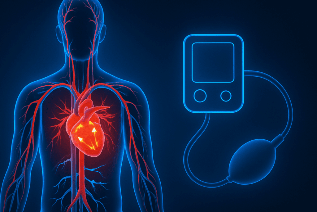 Stylized circulatory system with glowing heart and arteries alongside abstract blood pressure monitor, illustrating how cardiovascular dynamics relate to the question: can decaf coffee raise blood pressure
