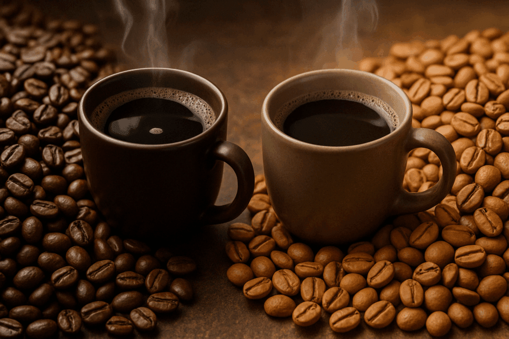 Comparison of regular and decaf coffee beans with two steaming cups of brewed coffee, illustrating a visual inquiry into can decaf coffee raise blood pressure