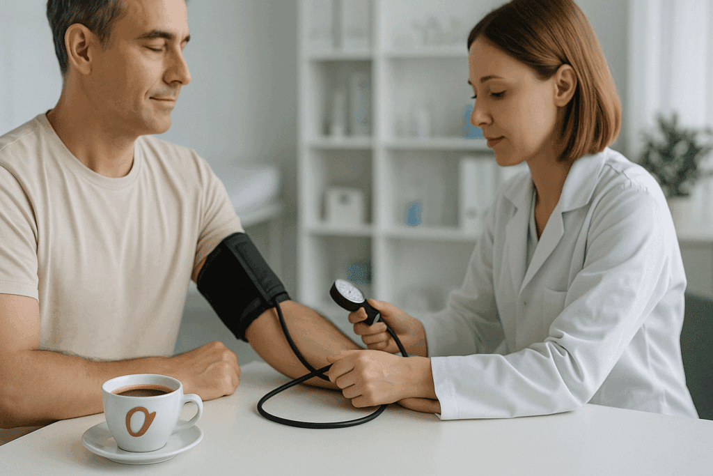 Healthcare provider checking a patient’s blood pressure in a calm clinic setting with a cup of decaf coffee nearby, illustrating the question: can decaf coffee raise blood pressure.