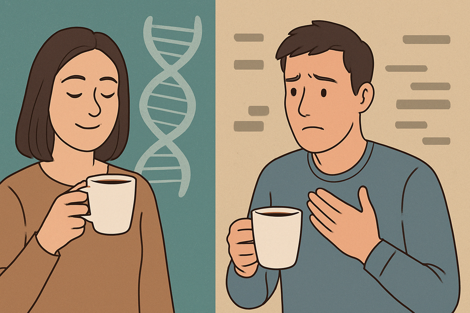 Split-screen illustration of two people drinking decaf coffee, showing different reactions to highlight how genetics may influence the question: can decaf coffee raise blood pressure