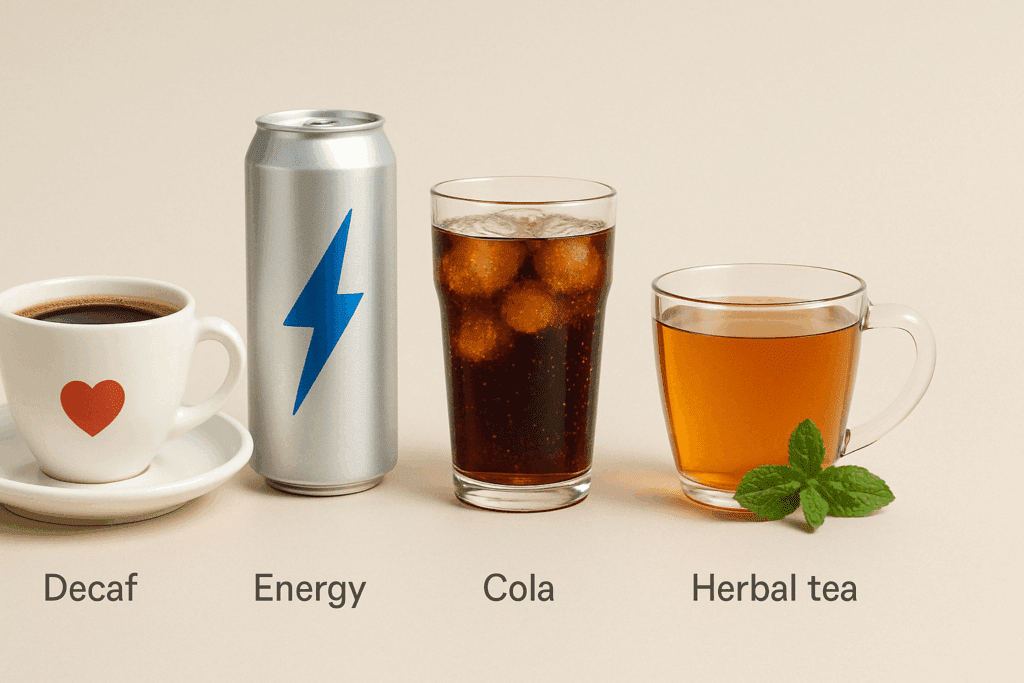 Visual comparison of beverages including decaf coffee, energy drink, soda, herbal tea, and black tea, supporting the discussion: can decaf coffee raise blood pressure.