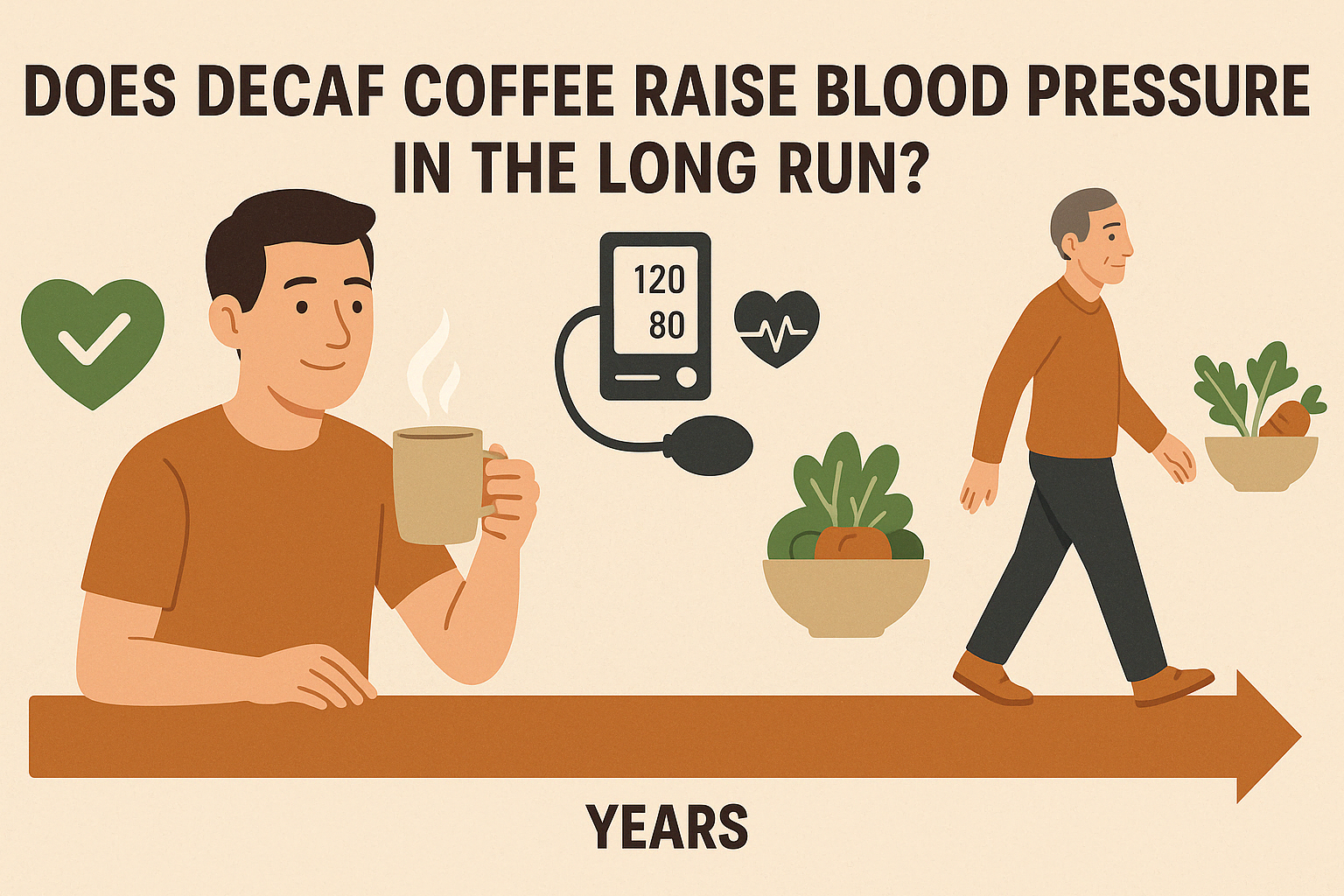 Timeline illustration showing long-term wellness in a man who drinks decaf, supporting the question: can decaf coffee raise blood pressure.